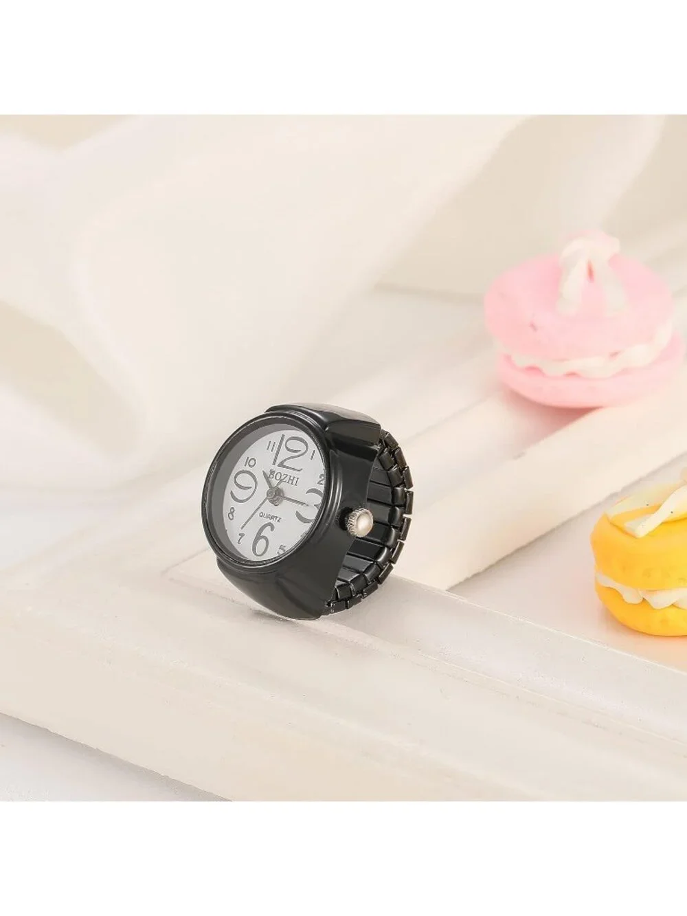 Unisex Black Analog Quartz Easy Read Adjustable Modern Round Finger Ring Watch